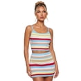 thumbnail image 1 of LMLYSoH Women Summer Outfit Horizontal Striped Knit 2 Piece Set Sleeveless Spaghetti Strap Cami Top and Mini Skirt, 1 of 8