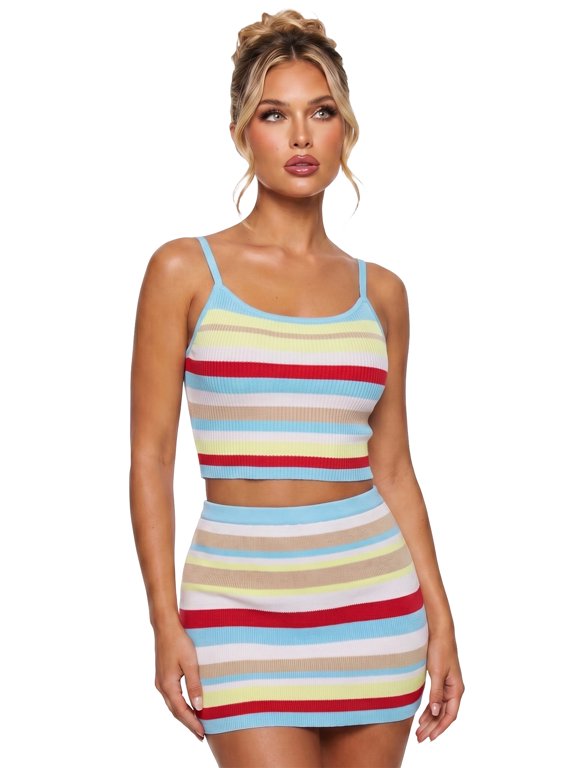 Women Summer Outfit Horizontal Striped Knit 2 Piece Set Sleeveless Spaghetti Strap Cami Top and Mini Skirt