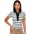 thumbnail image 1 of LMLYSoH Women Summer T-Shirt Casual Striped Button Lapel Basic Short Sleeves Tops for Streetwear Grunge Clothes, 1 of 8