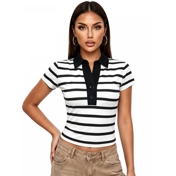 LMLYSoH Women Summer T-Shirt Casual Striped Button Lapel Basic Short Sleeves Tops for Streetwear Grunge Clothes