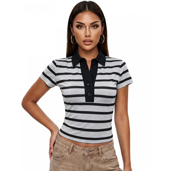 LMLYSoH Women Summer T-Shirt Casual Striped Button Lapel Basic Short Sleeves Tops for Streetwear Grunge Clothes
