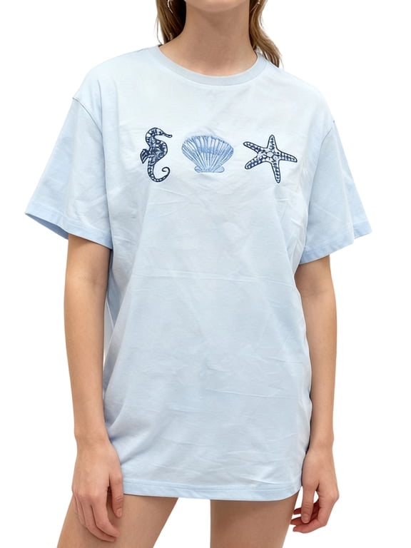 Women T-shirt, Crew Neck Short Sleeve Starfish Shell Print Loose Summer Tops for Casual Daily