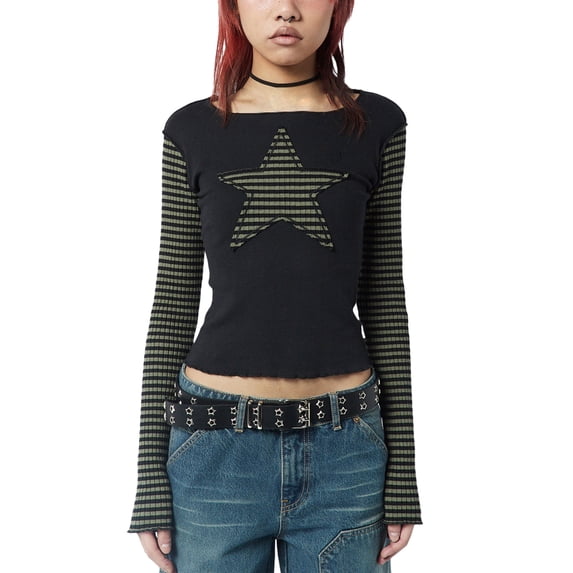 LMLYSoH Women T-shirt Long Sleeve Crew Neck Star Stripes Slim Fit Ladies Tops for Casual Daily