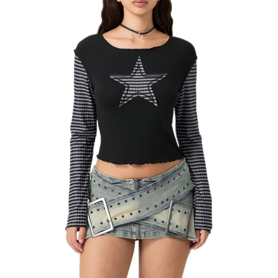 LMLYSoH Women T-shirt Long Sleeve Crew Neck Star Stripes Slim Fit Ladies Tops for Casual Daily