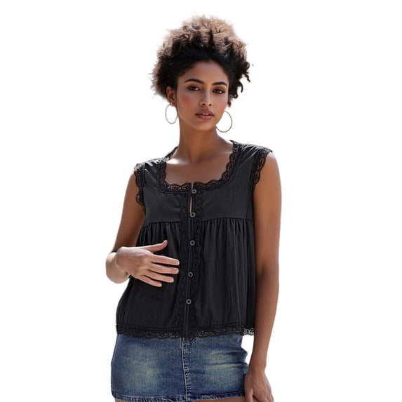 LMLYSoH Women Tank Top, Sleeveless Tops Square Neck Lace Trim Button Closure Summer Streetwear