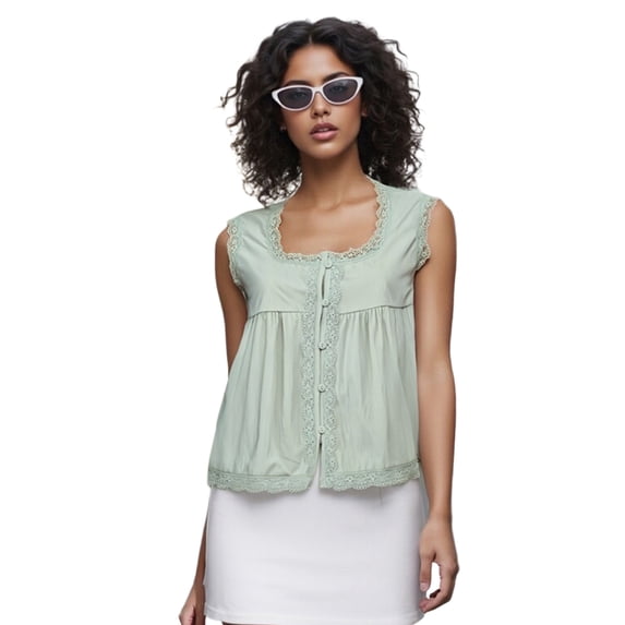 LMLYSoH Women Tank Top, Sleeveless Tops Square Neck Lace Trim Button Closure Summer Streetwear