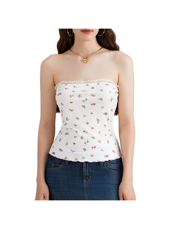 Women Tube Top, Strapless Backless Flower Print Summer Ladies Vest for Club Party