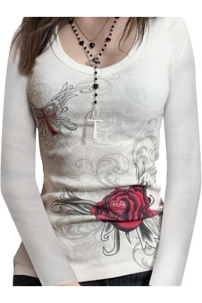 Women Vintage Shirt Fairy Grunge Long Sleeve Rose Print Crop Tops 90s V Neck Slim Fit T Shirt
