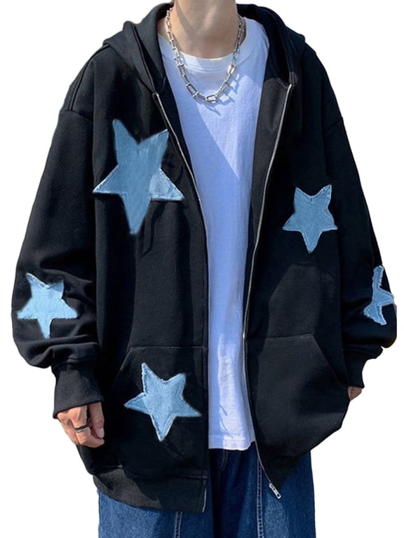 Women Zip Hoodies Star Pattern Casual Long Sleeve Sweatshirt Jacket with Pocket for Autumn Streetwear