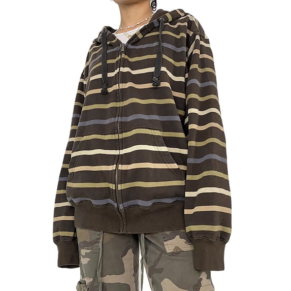 LMLYSoH Women Zip Up Drawstring Hoodie Casual Striped Long Sleeve Sweatshirt Jacket Autumn Streetwear