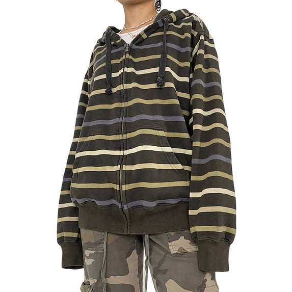 LMLYSoH Women Zip Up Drawstring Hoodie Casual Striped Long Sleeve Sweatshirt Jacket Autumn Streetwear
