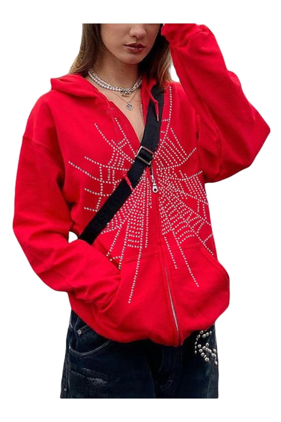 Women Zip up Jacket Rhinestone Spider Web Print Hoodies Long Sleeve Aesthetic Sweatshirt for Fall Streetwear