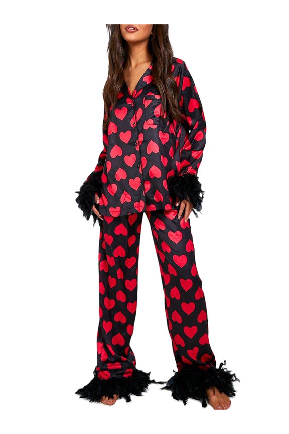 Women’s 2 Piece Pajama Set Feather Trim Long Sleeve Button Up Heart Shirt + Pants Set Sleepwear