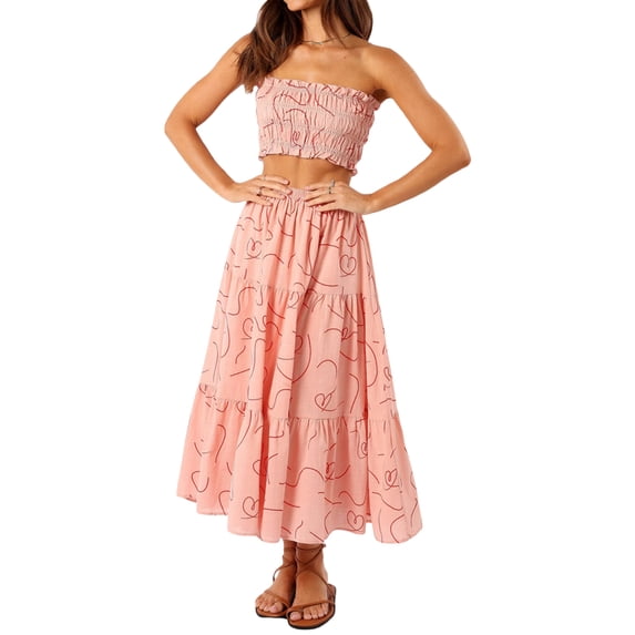 LMLYSoH Women's 2 Piece Skirt Outfits Off Shoulder Pattern Print Bandeau Long Flowy Skirt Set
