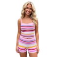 thumbnail image 1 of LMLYSoH Women's 2 Pieces Summer Outfit Sleeveless Spaghetti Strap Knit Camisole Striped Print Vest Tops and Matching Shorts Set, 1 of 9