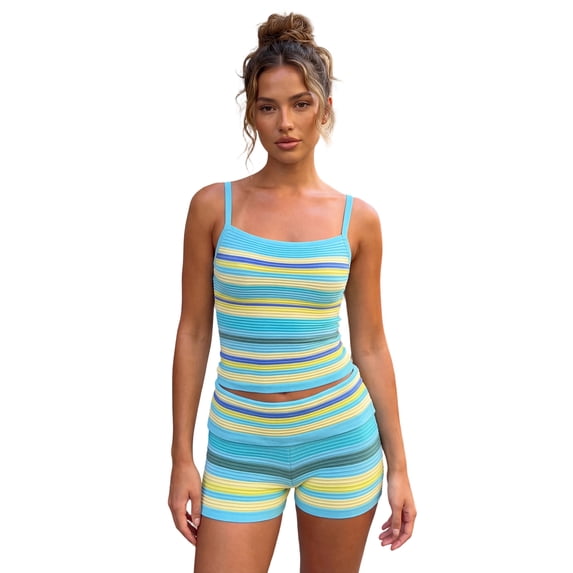 LMLYSoH Women's 2 Pieces Summer Outfit Sleeveless Spaghetti Strap Knit Camisole Striped Print Vest Tops and Matching Shorts Set