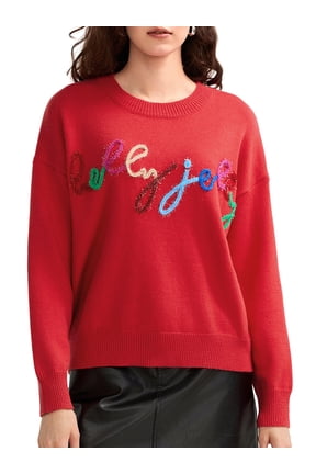 Women's Autumn Loose Sweater Tinsel Letter Applique Long Sleeve Round Neck Knitwear Pullover