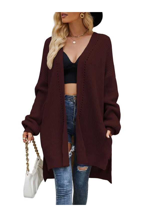 Women's Autumn Winter Knit Cardigan Long Sleeve Open Front Split Hem Knitwear Sweater