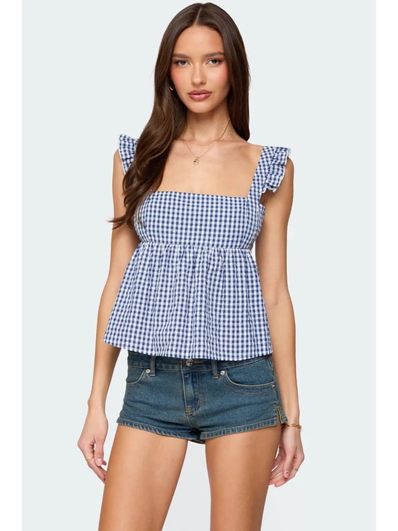 Women's Babydoll Tank Tops Stylish Plaid Loose Hem Square Neck Ruffled Flying Sleeve Camisoles for Summer