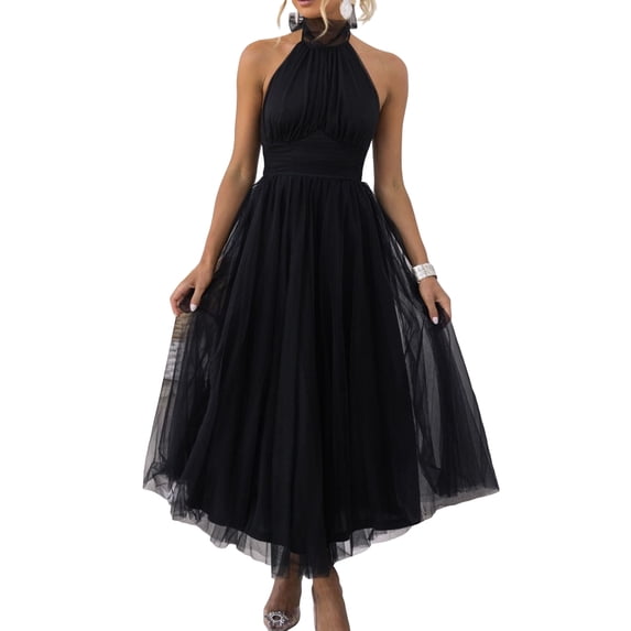 LMLYSoH Women’s Backless Long Dress Adjustable Tie Halter Neck Tulle High Waist Solid Party Wedding Dress