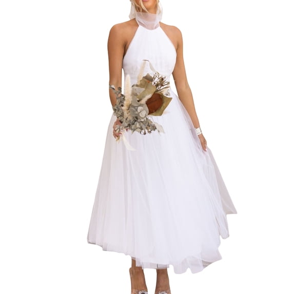 LMLYSoH Women’s Backless Long Dress Adjustable Tie Halter Neck Tulle High Waist Solid Party Wedding Dress