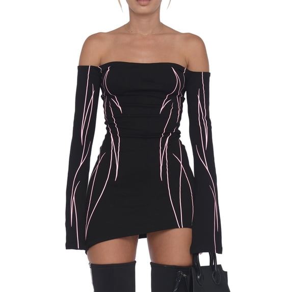 LMLYSoH Women´s Bodycon Mini Dress, Gothic Printed Off Shoulder Long Sleeve Black Club Dress