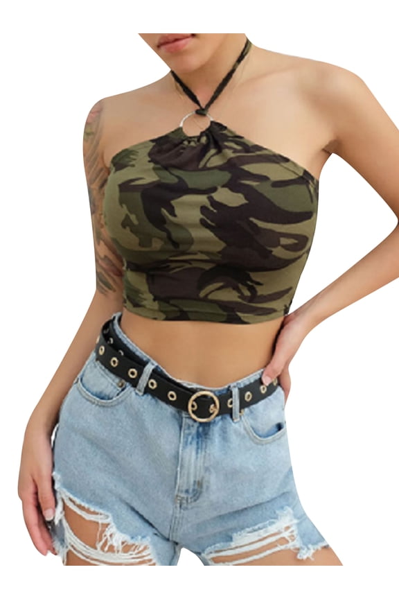 Women’s Camouflage Printed Vest Tops, Sleeveless Ring Connect Halter Bustier Tops for Summer Wear
