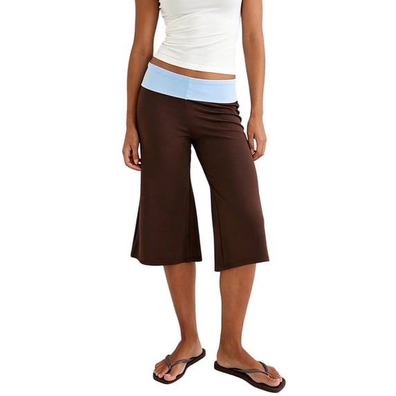 LMLYSoH Women's Capri Pants Fold Over Waistband Low Rise Contrast Color Wide Leg Cropped Lounge Trousers