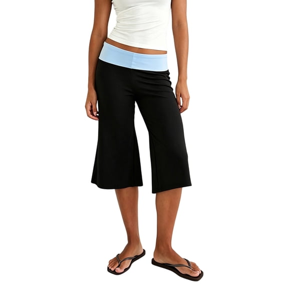 LMLYSoH Women's Capri Pants Fold Over Waistband Low Rise Contrast Color Wide Leg Cropped Lounge Trousers