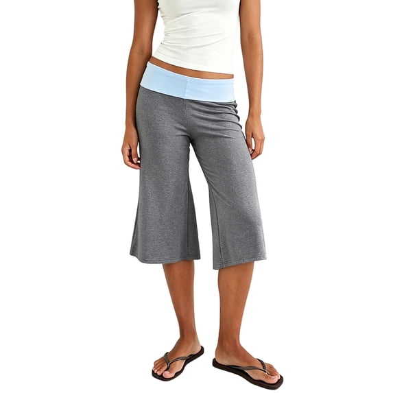 LMLYSoH Women's Capri Pants Fold Over Waistband Low Rise Contrast Color Wide Leg Cropped Lounge Trousers