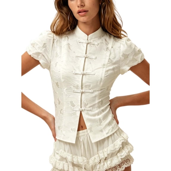 LMLYSoH Women's Chinese Style Tops Summer Ripped Cheongsam Mandarin-collar Button Up Short Sleeve Blouse