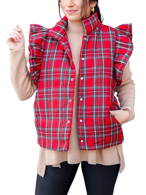 Women's Christmas Plaid Cotton Vest Turtle Neck Snap-up Flutter Sleeve Casual Lightweight Waistcoat