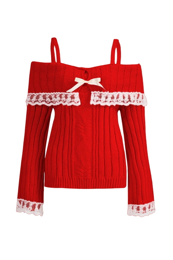 Women's Cold Shoulder Sweaters Long Sleeve Contrast Lace Knit Pullovers Bow Front Jumper Tops