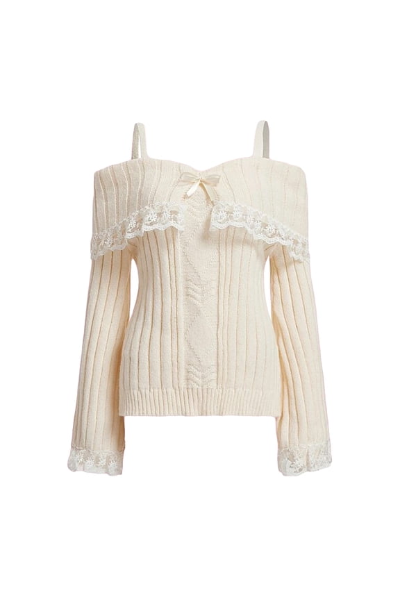Women's Cold Shoulder Sweaters Long Sleeve Contrast Lace Knit Pullovers Bow Front Jumper Tops