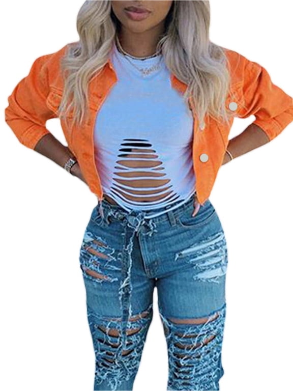 Women's Denim Short Coat, Solid Color Long Sleeve Lapel Jacket Button Down Distressed Hem Crop Jeans Coat