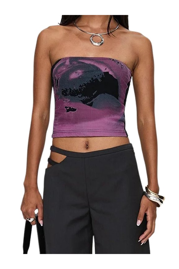 Women's Fashion Tube Tops Sleeveless Strapless Cherry Lips Print Slim Fit Bandeau Tops Shirts