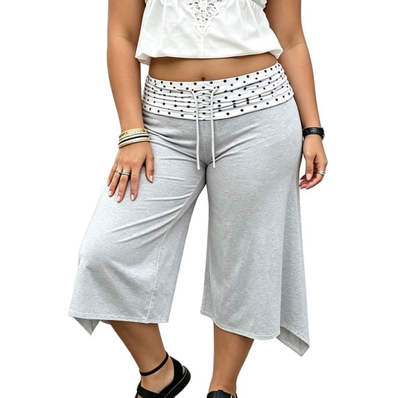 LMLYSoH Women's Fold Over Capri Pants Summer Casual Plus Size Crop Leggings Stylish Cropped Trousers with Dot Print Waistband