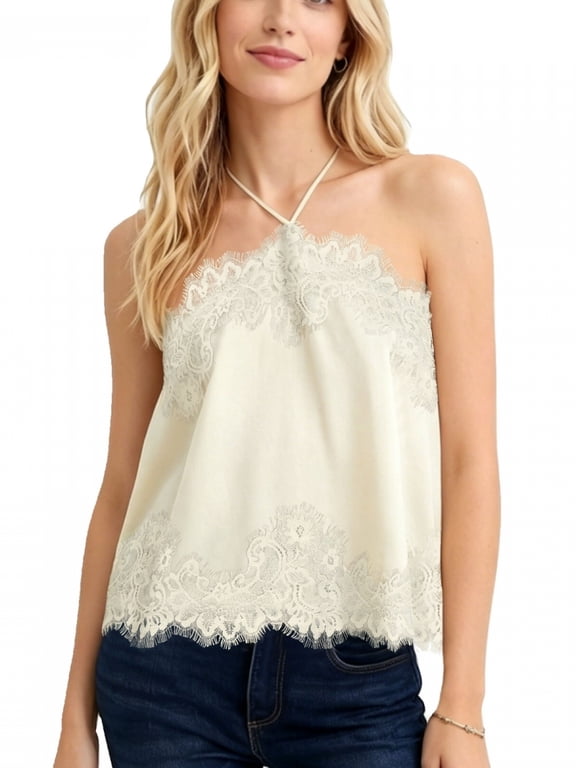 Women's Halter Neck Satin Tops Sleeveless Lace Trim Loose Fit Cami Tops Summer Shirts