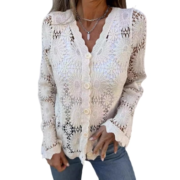 LMLYSoH Women's Knit Lace Cardigan Fashionable Solid Color Long Sleeve V Neck Button Down Ruffle Sweater