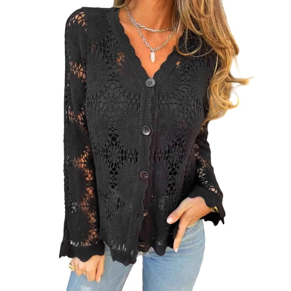 LMLYSoH Women's Knit Lace Cardigan Fashionable Solid Color Long Sleeve V Neck Button Down Ruffle Sweater