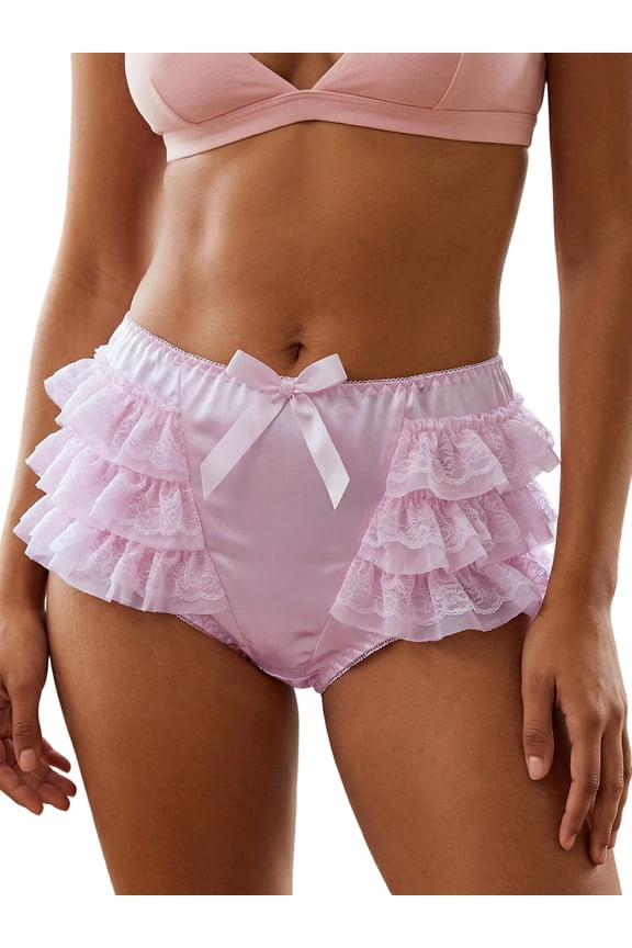 Women's Lace Bloomers Bow Decor Low Elastic Waist Layered Ruffle Exotic Naughty Mini Shorts