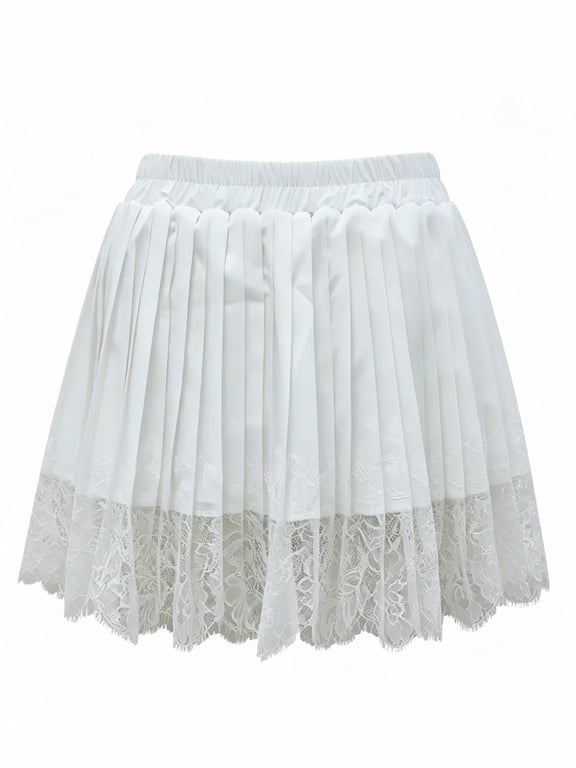 Women's Lace Patchwork Mini Skirt Elastic Waist Pleated Short Skirts