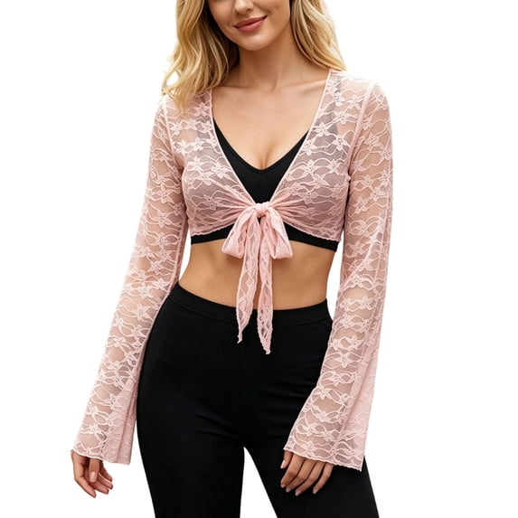 LMLYSoH Women's Lace Shrug Cardigan Long Sleeve See-Through Tie Knot Front Tops