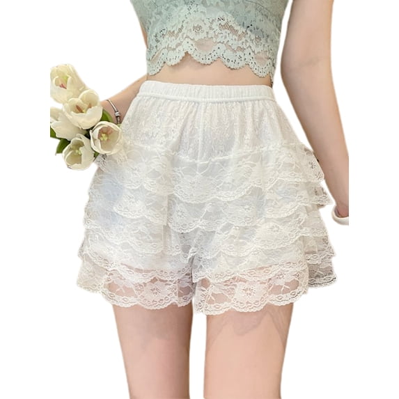 LMLYSoH Women’s Layered Ruffle Shorts Casual Elastic Waist Solid Color Lace Bloomers Lolita Clothes
