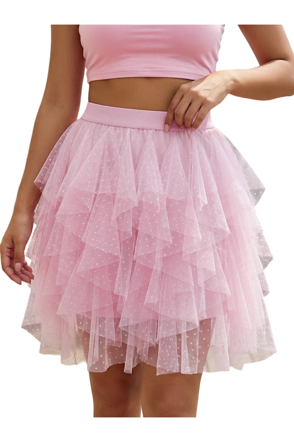 Women's Layered Tulle Skirts Casual Elastic Waist Dots Print Mini Ruffle Skirts Short Tutu Skirts