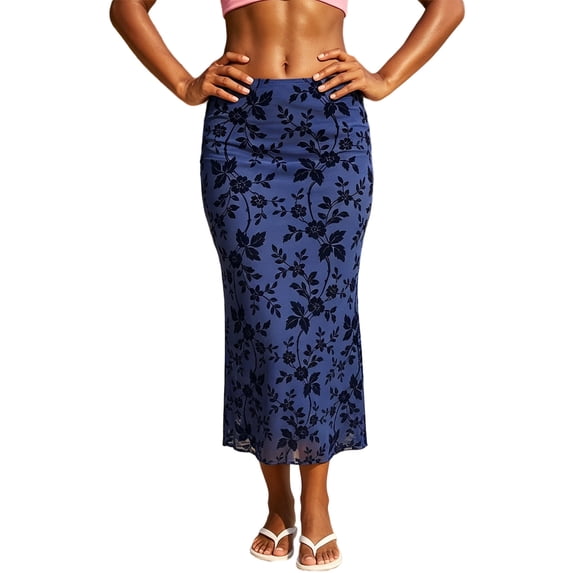LMLYSoH Women's Long Floral Skirts Fashionable High Waisted Bodycon Going Out Fish Tail Mesh Skirt