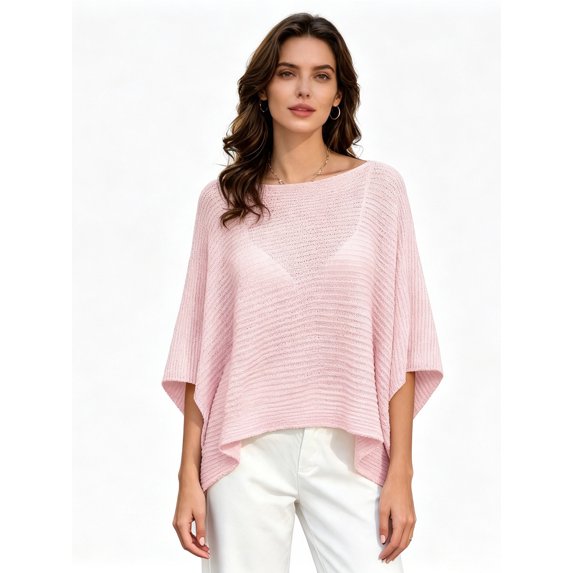 LMLYSoH Women's Mesh Knit Poncho Tops Fashion Solid Color Batwing Sleeve Boat Neck Cover Ups for Summer Daily Wear