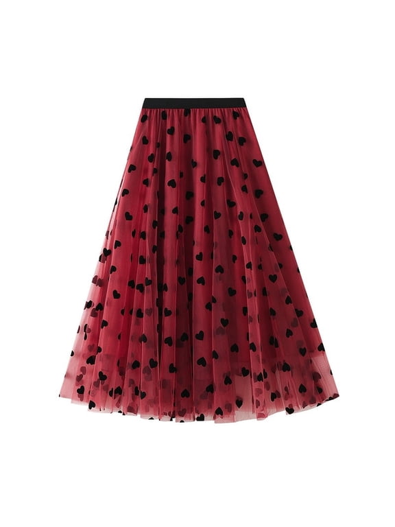 Women's Mid-Length Skirts, Heart Printed High Waist Mesh Vintage Style Skirts, Casual Simple Bottoms