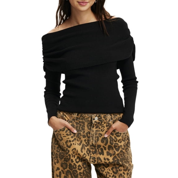 LMLYSoH Women's Off Shoulder Sweaters Classic Long Sleeve Solid Color Knit Pullover Slim Fit Tops