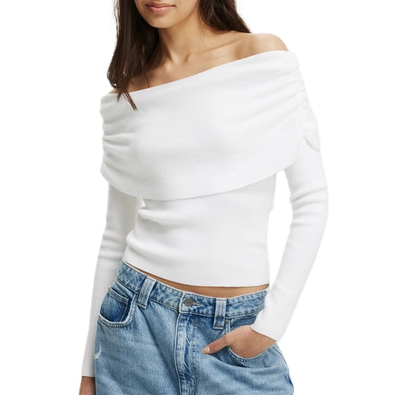 LMLYSoH Women's Off Shoulder Sweaters Classic Long Sleeve Solid Color Knit Pullover Slim Fit Tops